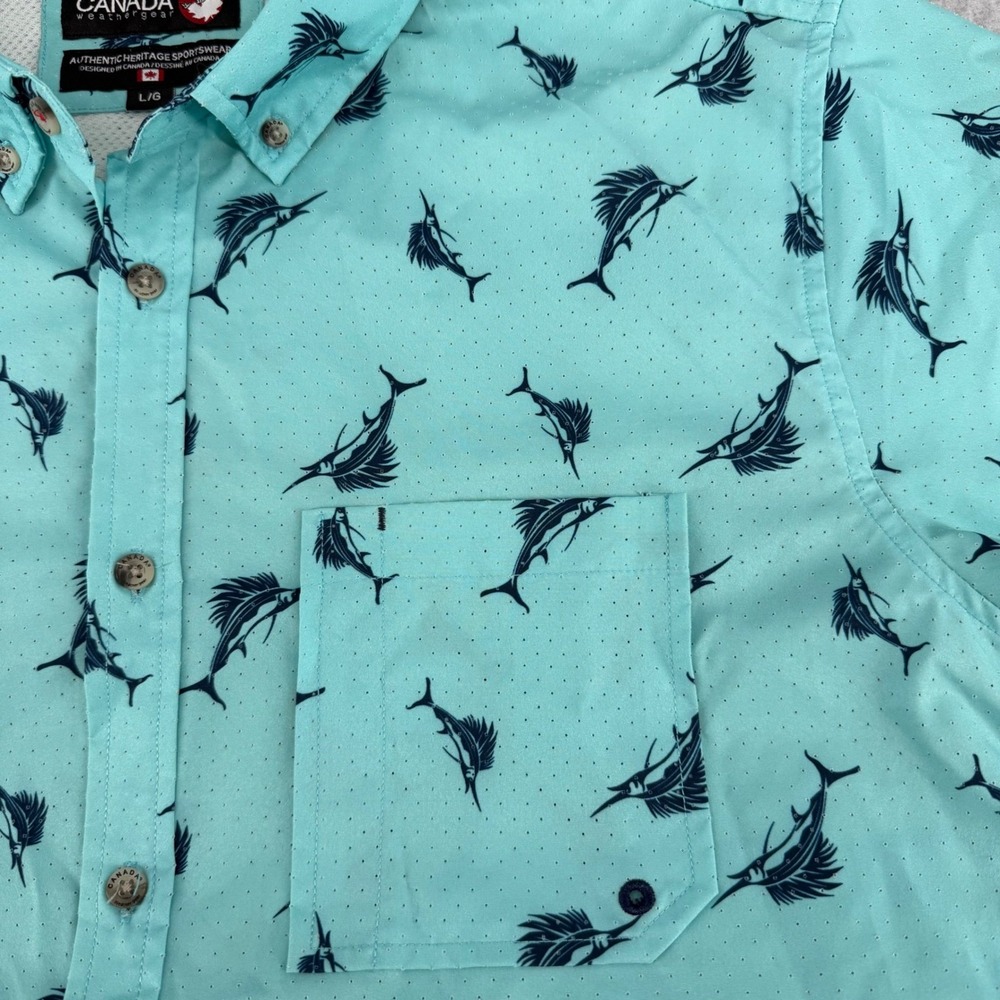 Canada Weathergear Mens Large Marlin Fish Print Button Down Shirt Aqua Turquoise - Picture 4 of 13